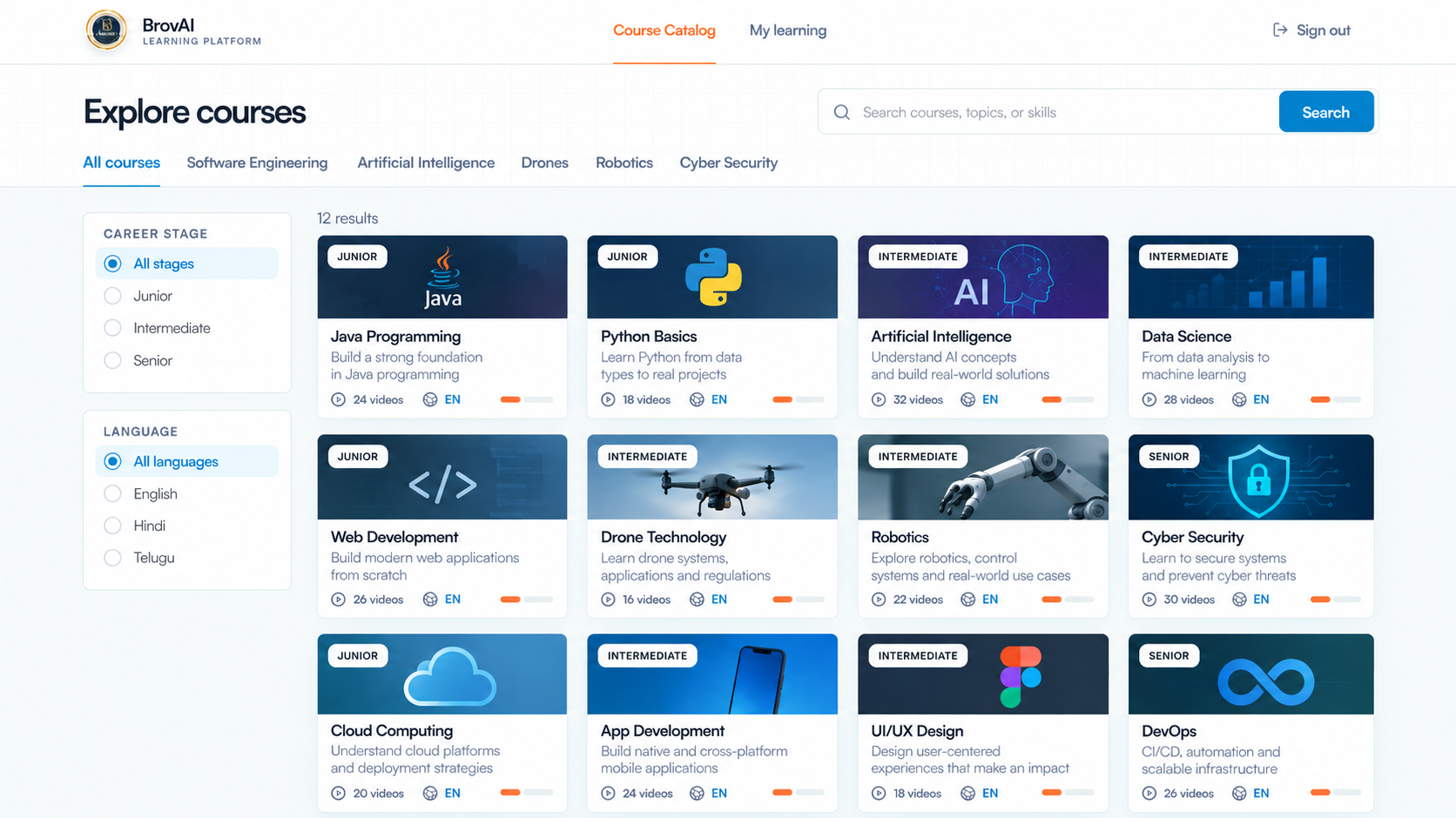 BrovAI course catalog showing courses across programming, AI, robotics and more